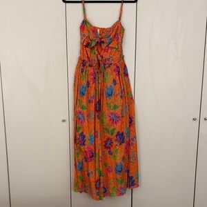 Orange Floral Midi Dress with Bow Detail